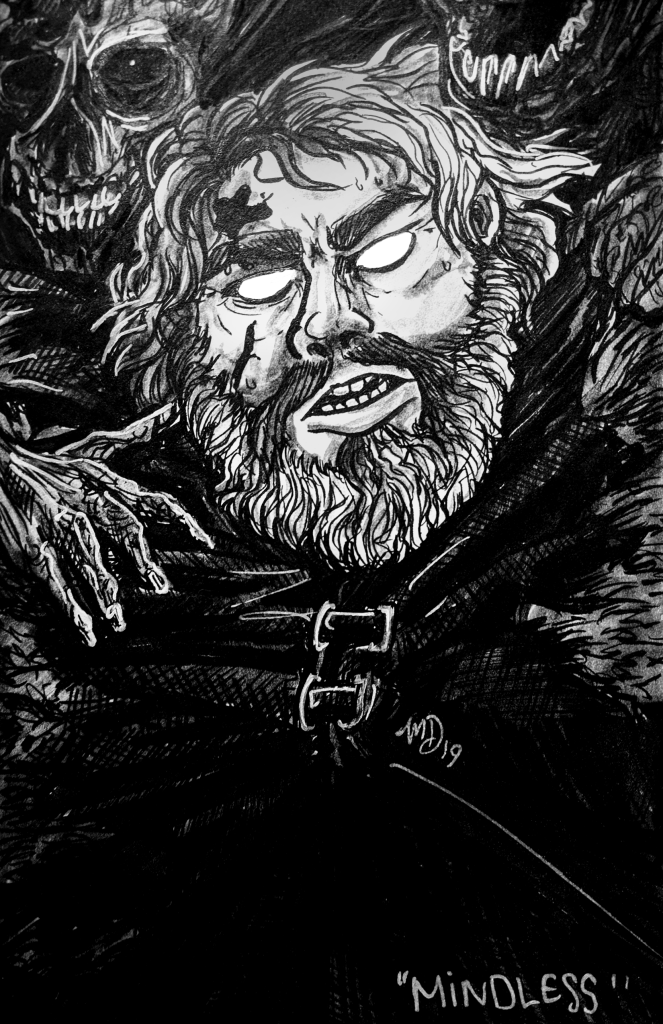 Black and white artwork of Hodor. The artwork is seemingly based on the scene in Game of Thrones where Hodor holds the door as wights attack.